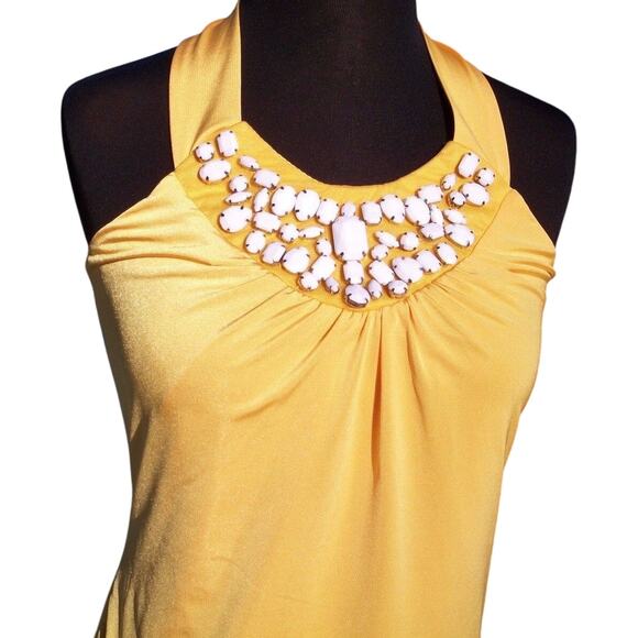 Cache Yellow Ruched Lined White Embellished Stretch Halter Top Lined $98 NWT New - Picture 3 of 5